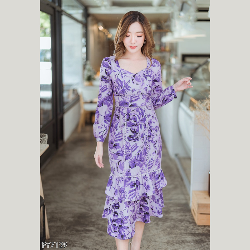 kudapyเดรสสั้นสีชมพู/ม่วง แขนยาวลายดอกไม้สวยดูดีน่ารัมากๆ