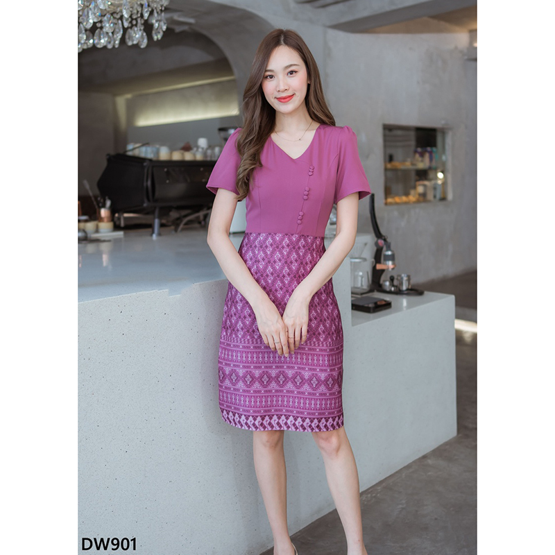 kudapy เดรสสั้นน้ำตาล/สีชมพู/สีฟ้า กระโปรงผ้าไทยท่อนบนสีพื้นแต่งกระดุม