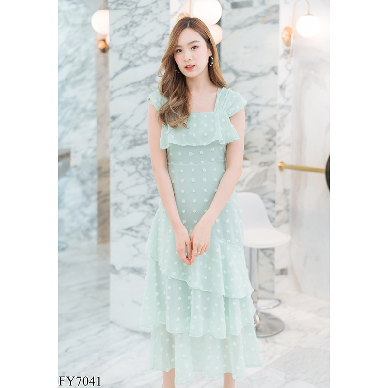 kudapy เดรสยาวสีชมพู/สีขาว/สีเขียว ชีฟองจุดอกระบาย