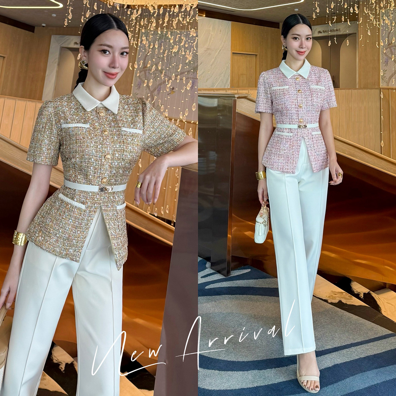 kudapy ชุดเซ็ท 3 ชิ้น เสื้อทวิตแขนสั้น + กางเกง มาพร้อมเข็มขัด เสื้อทวีตแขนสั้น คอปก