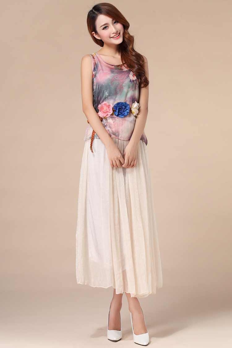 kudapy เซ็ตเสื้อแขนกุด+กระโปรงยาวผ้าชีฟองสีครีม พร้อมเข็มขัดเหมือนแบบ