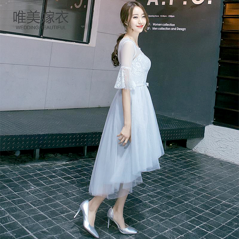 kudapy ชุดราตรีหน้าสั้นหลังยาวสีเทา แขนระบาย กระโปรงทรงบาน