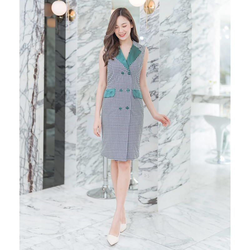 kudapy เดรสสั้นสีครีม/สีขาว คอปกสูทแขนกุดใส่สวยดูดี