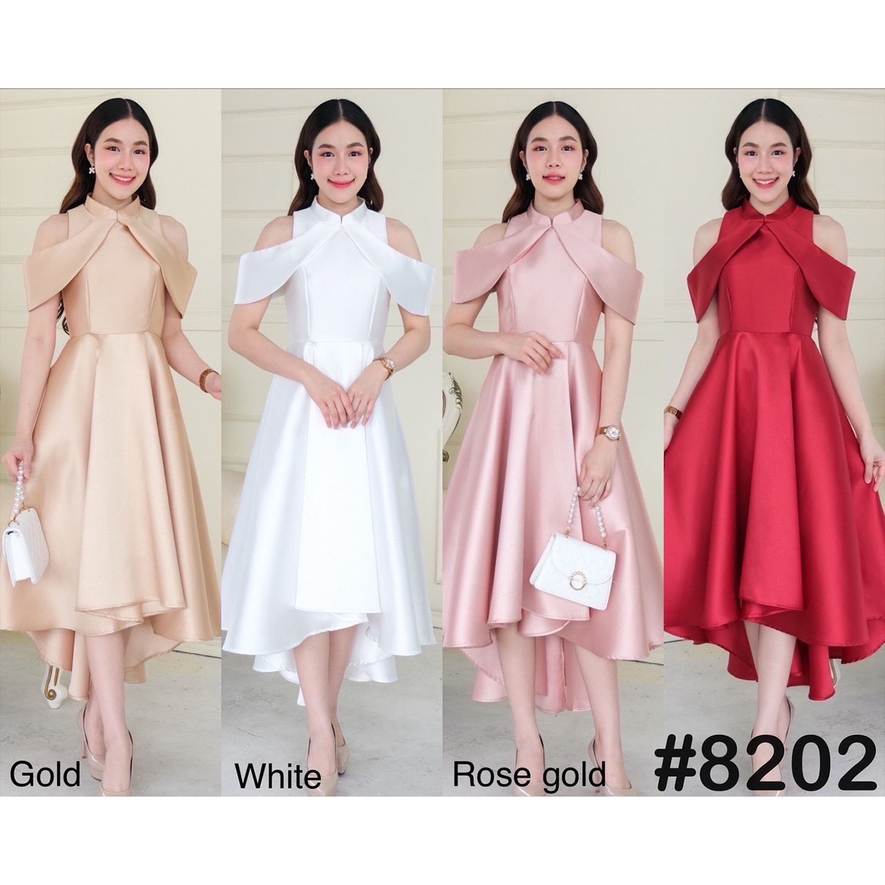 kudapy เดรสหน้าสั้นหลังยาวสีทอง/สีขาว/สีโรสโกล/สีแดง คอจีนสุดชิค ดีเทลป้ายไขว้พรางต้นแขน ซิปหลัง กระดุมหลังคอ กระโปรงทรงหน้าสั้นหลังยาว