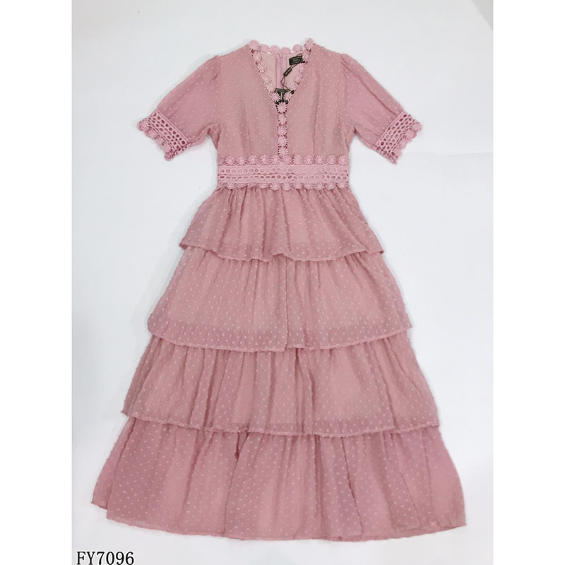 kudapy เดรสยาวสีชมพู กระโปรงยาวชั้นชีฟองจุด