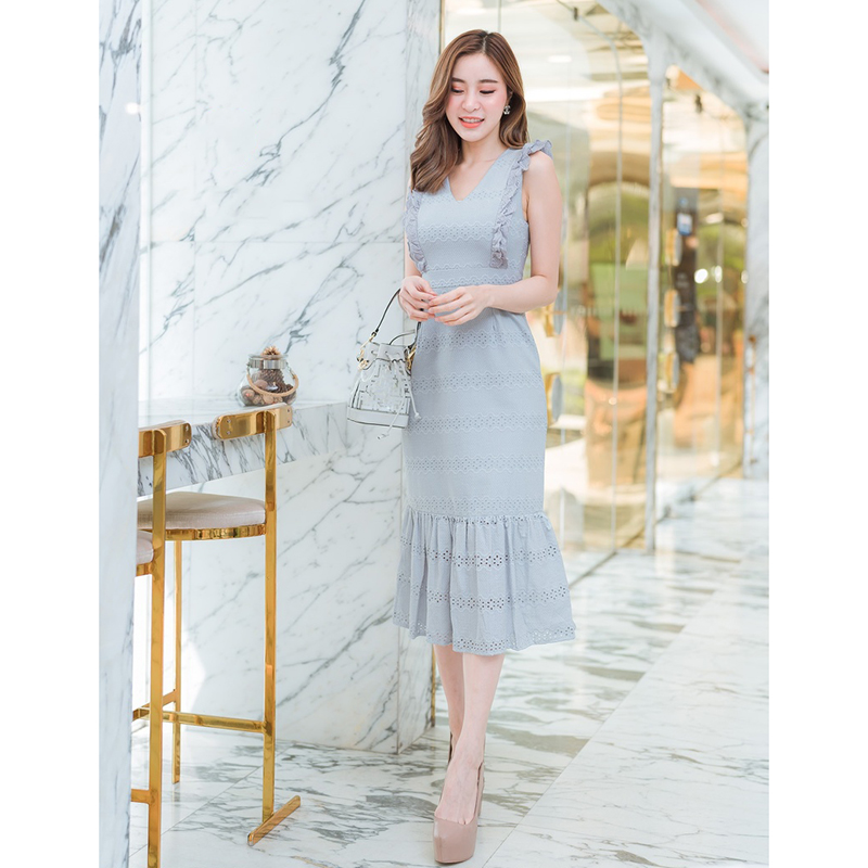 kudapy เดรสสั้นสีเทา ผ้าฉลุอกระบายใส่งานปาร์ตี้สวยดูดี S XL 2XL