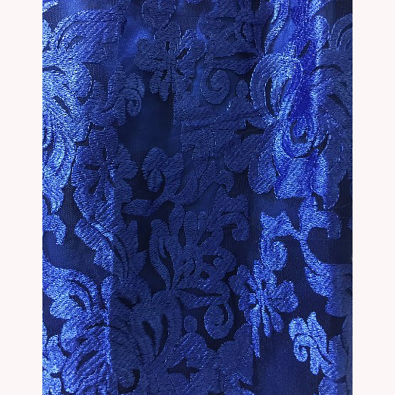 kudapy เดรสลูกไม้สีน้ำเงิน แขนสั้น คอวีด้านหลัง ผ้าลูกไม้ทอลาย เงางามสวยค่ะ กระโปรงผ่าชายด้านหลัง