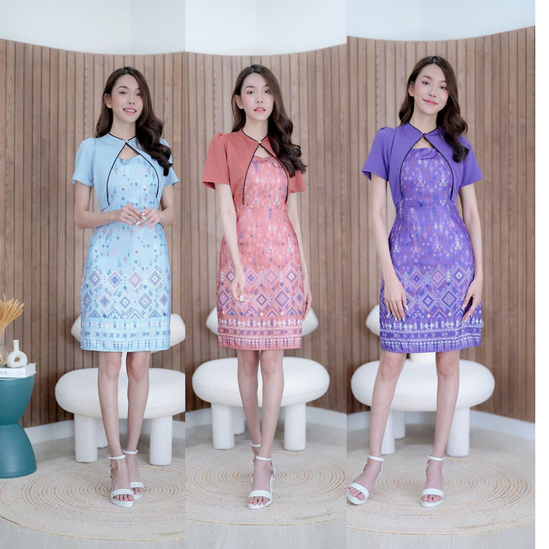 kudapy เดรสสั้นสีฟ้า/สีม่วง/สีส้มอิฐ ลายดอกแต่งกั๊กท่อนบน