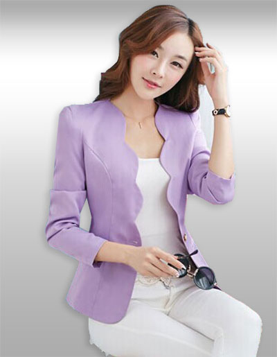 เสื้อสูทผู้หญิงแขนยาวสีม่วงปกหยักแบบเรียบหรู