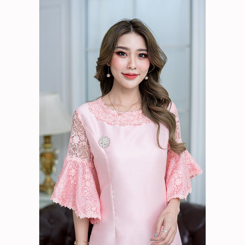 kudapy เดรสสั้นสีโอรส/สีเทา ดีไซด์แขนระบายปิดศอก แขนบานทำให้ดูสวยแพงได้ลุคไฮมาก