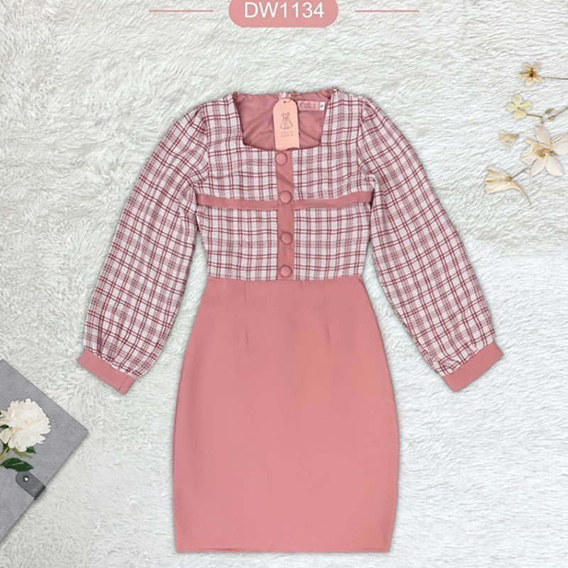 kudapy เดรสสั้นสีชมพู/สีดำ/สีเขียว ใส่ทำงานแขนยาวลายสก๊อต กระโปรงสีพื้น