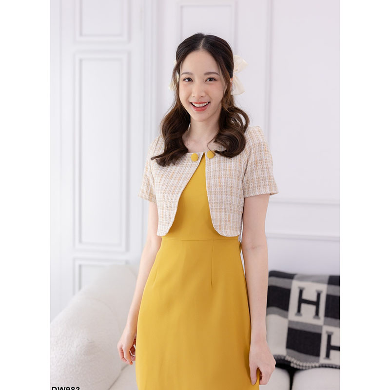 kudapy เดรสสั้นสีเหลือง ผ้าทอกระโปรงสีพื้น