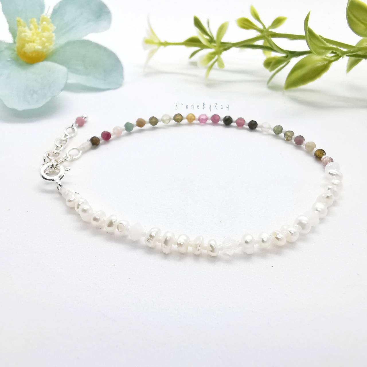 สร้อยข้อมือเงินหินทัวมาลีน+ไข่มุกแท้ Tourmaline+Pearl
