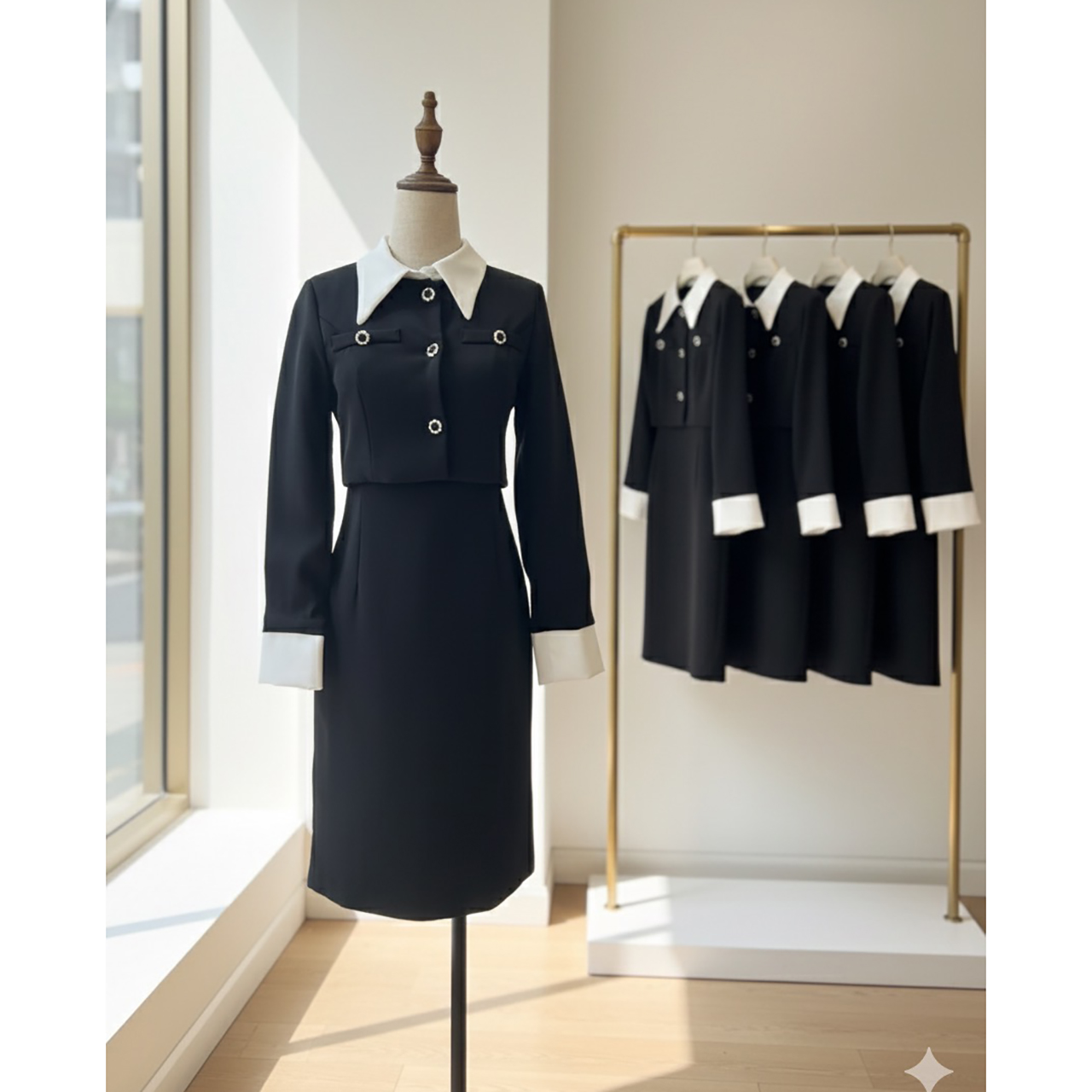 kudapy เซ็ท2 ชิ้น : เดรส+ เสื้อครอป สีดำตัดกับปกและปลายแขนเสื้อสีขาว เดรสมีฟองน้ำในตัว ซิปหลัง ผ่าหลังเล็กน้อยเพื่อให้เดินได้สะดวก