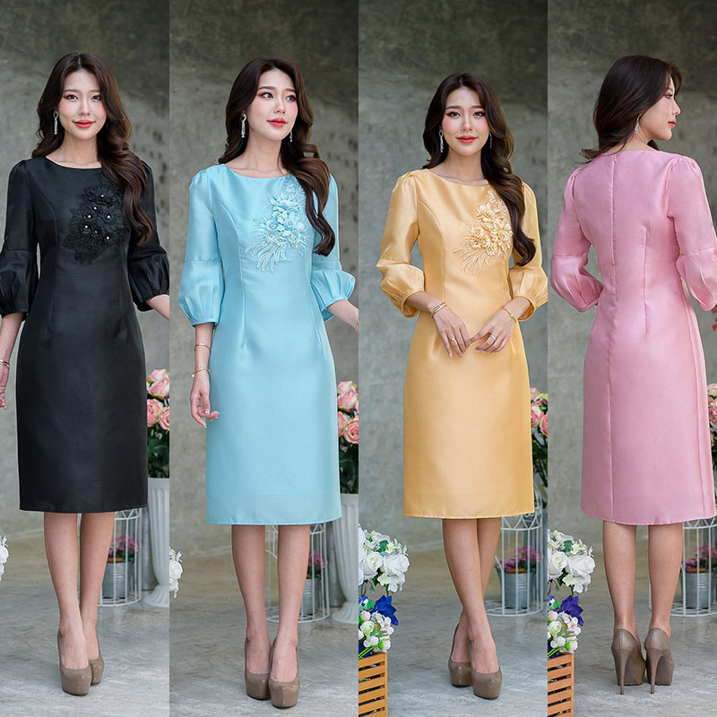 kudapy เดรสสั้นสีชมพู/สีดำ/สีทองเหลือง/สีฟ้า ผ้าไหมญี่ปุ่น งานดีไซน์สวย แขนบอลลูนเก๋มากๆ ค่ะ ทรงแขนสวยไม่เหมือนใคร รุ่นนี้เป็นเดรสสไตล์เรียบหรู