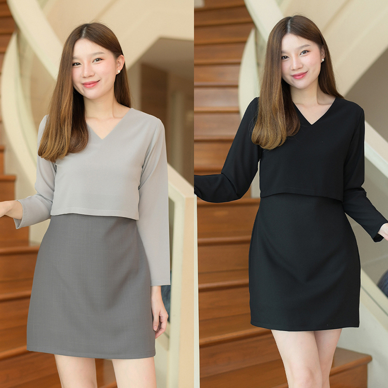 kudapy เดรสสั้นสีดำ/สีเทาเข้ม คอวีแขนยาว เป็นเดรสซิปหลัง ตัดต่อช่วงตัวด้วยผ้าชีฟอง ดูภายนอกเหมือนใส่แยกชิ้น