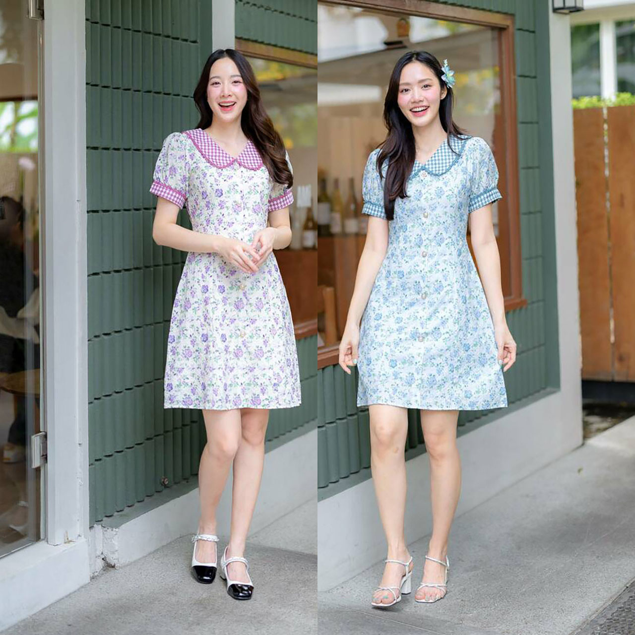 kudapy เดรสสั้นสีฟ้า/สีม่วง ผ้าฉลุคอบัวลายสก๊อต ใส่สบายสวยดูดี