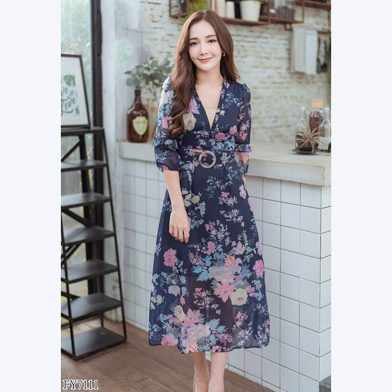 kudapy เดรสยาวสีขาว,สีกรม ลายดอกแขนยาว+เข็มขัดใส่แล้วดูดีสวย