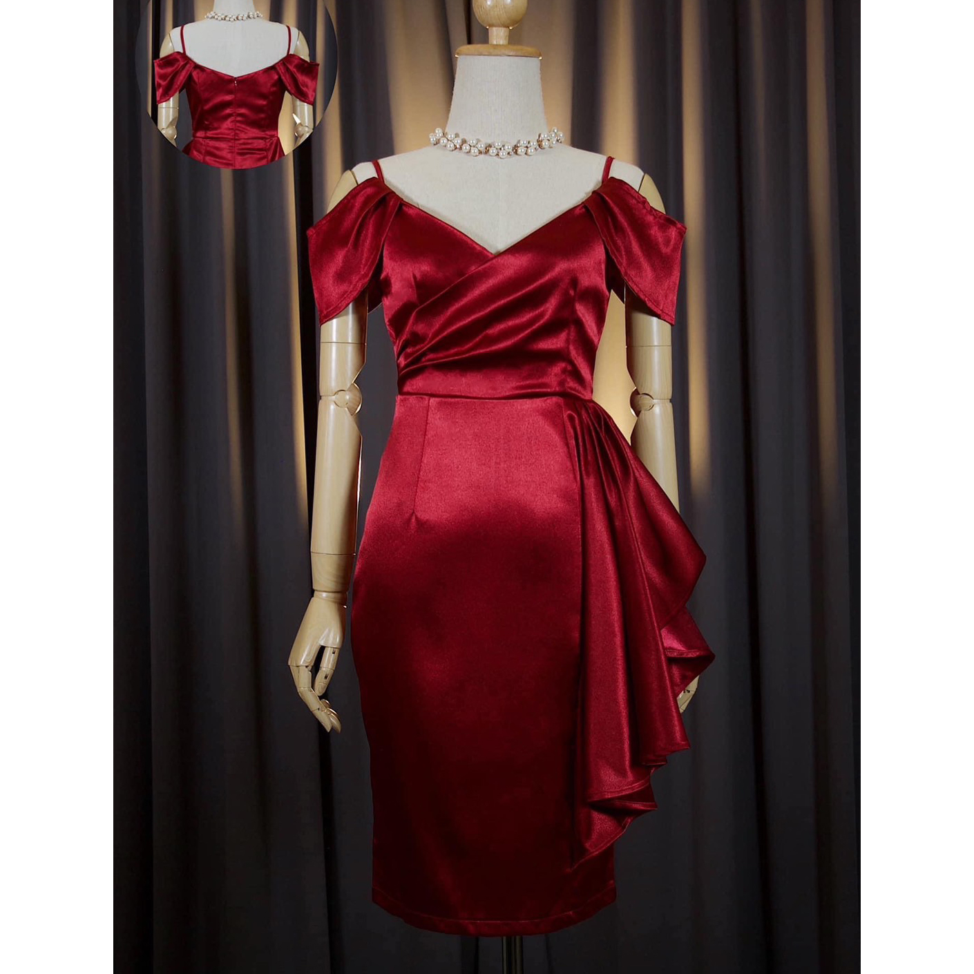 kudapy เดรสสายเดี่ยวเปิดไหล่ สีชมพูพิ้งค์โกลล์, เขียวมรกต, ทองโรสโกลล์ ,แดง, กรมท่า,ส้มอิฐ ,ฟ้า ,เทา เดรสผ้าดัชเชทเงาวาวสวย สายเดี่ยวเปิดบ่า ทรงคิมเบอร์รี่ ช่วงอกป้ายไขว้ จับจีบ กระโปรงสอบ ผ่าหลัง