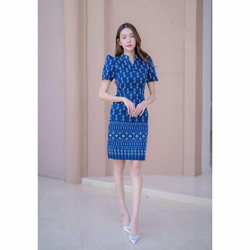 kudapy เดรสสั้นสีเทา/สีกรม/สีชมพู ผ้าไทยคอปีนลายขอ