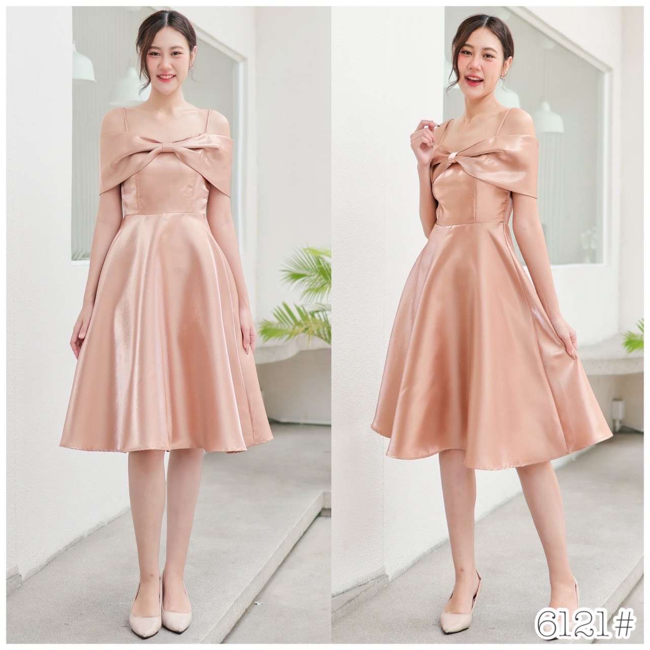 kudapy เดรสสั้นเปิดบ่า โบว์อก กระโปรงบาน เอวสูงความยาวปิดเข่า