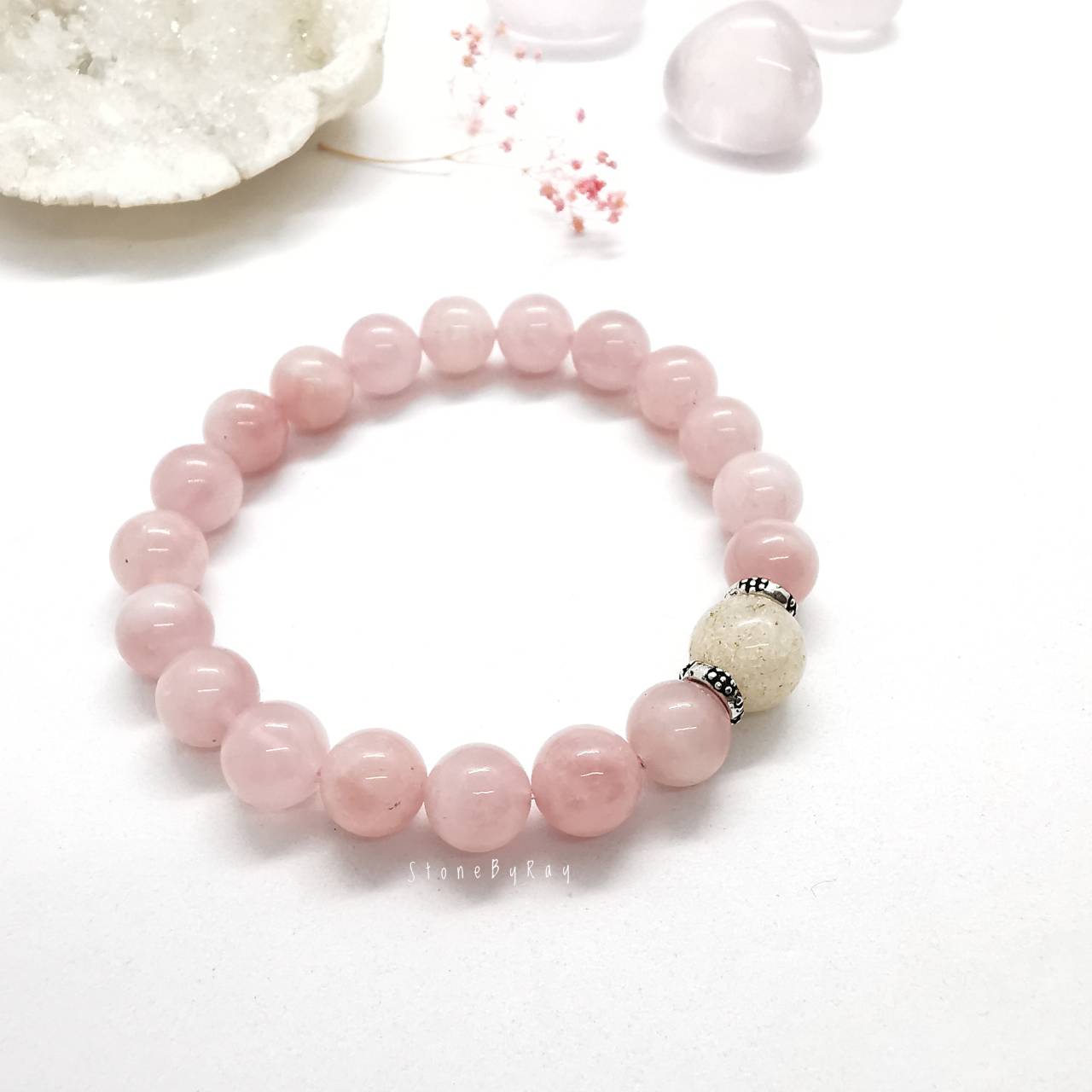 สร้อยข้อมือหินโรสควอตซ์ร้อยกับหินไหมหิมะRose Quartz+Snow Rutile Quartz