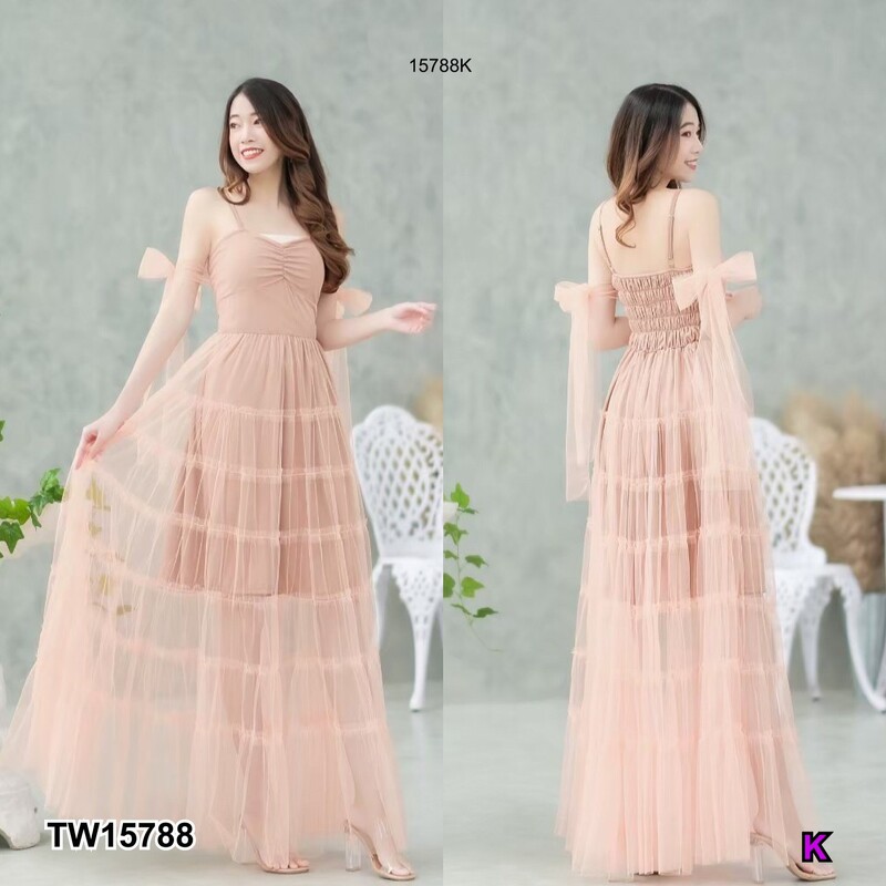 kudapy แม็กซี่เดรสสายสีชมพู น้ำตาล เขียว แดง เดี่ยวตาข่ายทั้งชุด มีซับใน มีสม็อคหลัง ดีแขนแขน 2 ข้าง ผูกโบว์ สีพื้น