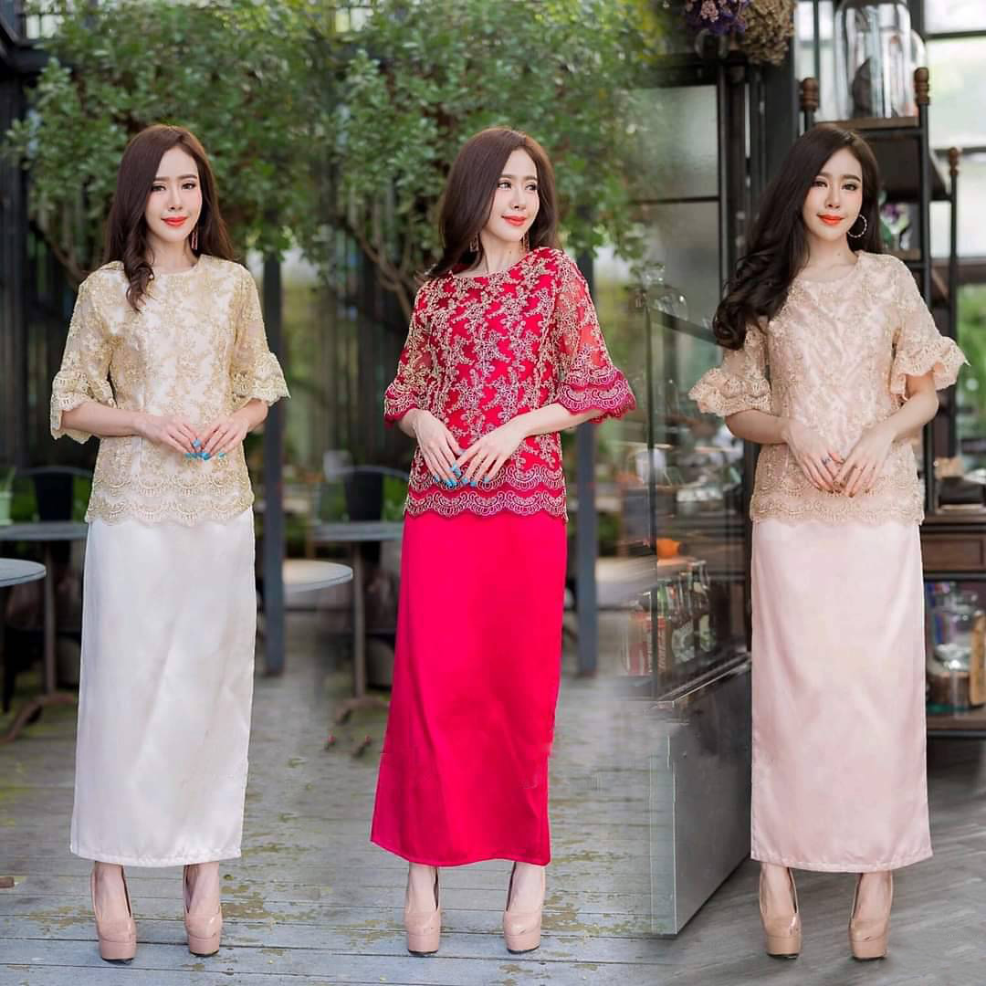 kudapy ชุดเซตไปงาน สีแดงเบอร์กันดี้/สีครีมทอง/สีชมพูโรสดกลด์ เซตเสื้อลูกไม้+กระโปรงผ้าไหม