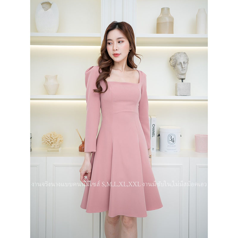 kudapy เดรสสั้นสีชมพู/สีขาว แขนยาวทรงกระโปรงบานน่ารักกก เรียบร้อยมินิมอล ใส่ทำงาน ใส่ออกงาน งานบุญ งานแต่ง งานเช้า