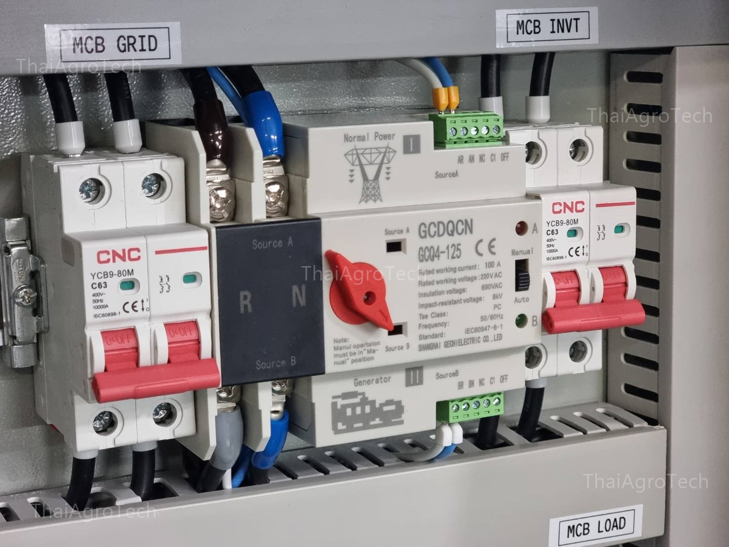 ตู้คอมบายเนอร์แบบไฮบริดออนออฟกริด 2 สตริง Hybrid On/Off-grid AC Combiner Box 2 string พร้อม สวิตซ์สลับแหล่งจ่ายไฟ อัตโนมัติ(สลับเร็ว) ระบบไฟฟ้าสำรอง ATS Automatic Dual Power Transfer Switch 2P 63A-100A