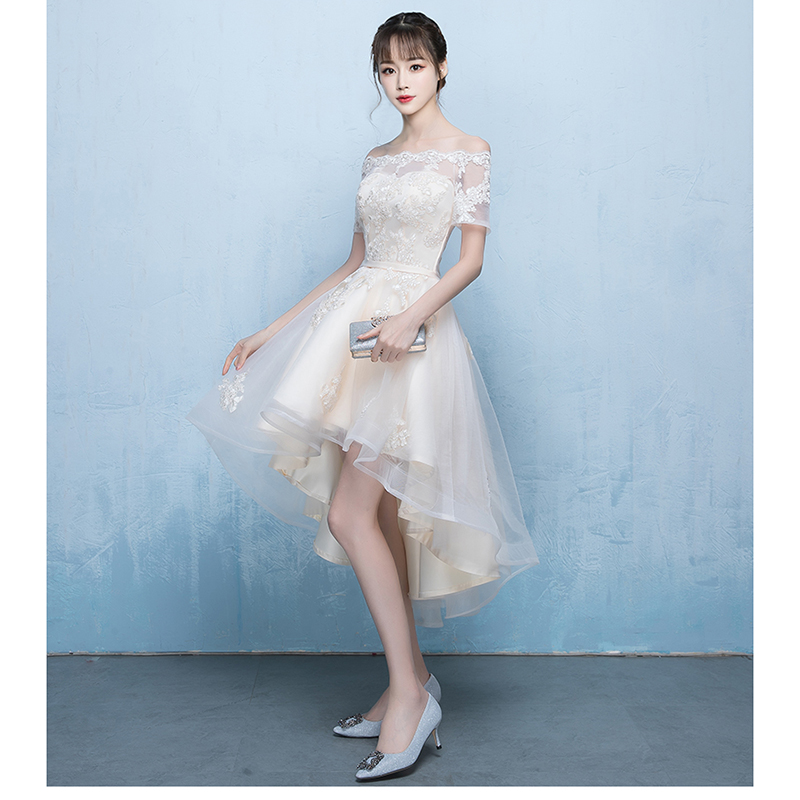 kudapy เดรสกระโปรงหน้าสั้นหลังยาวสีครีม ออกงานผ้าลูกไม้ปักสุดหรู ดีไซน์เปิดไหล่ ปิดต้นแขน