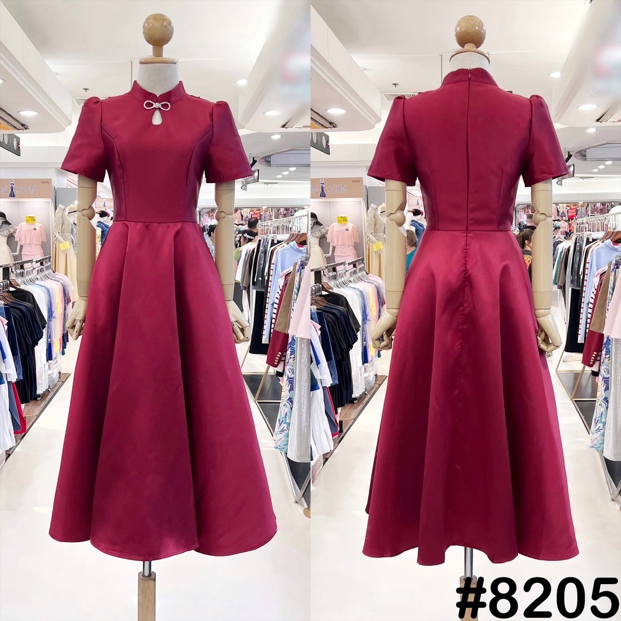 kudapy เดรสสั้นสีแดง/สีชมพู/สีทอง/สีขาว คอจีน รงแขนสั้นบ่าจีบ กระโปรงฟรีสะโพกพริ้วสวย พร้อมกระเป๋าข้าง