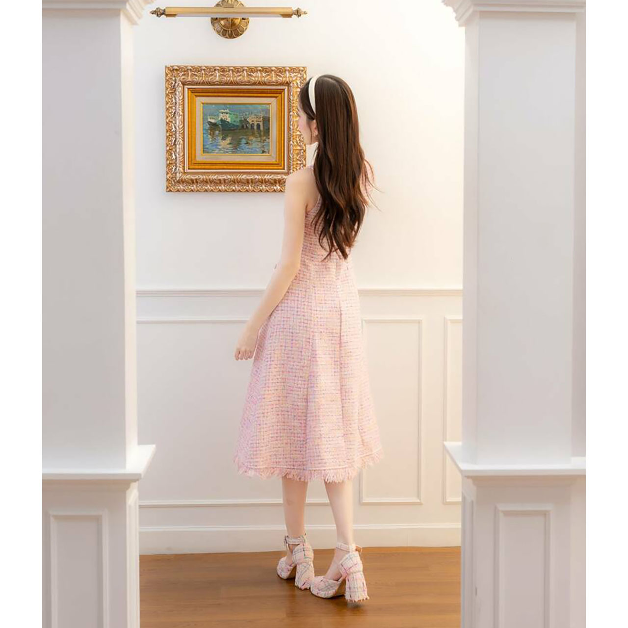 kudapy เดรสยาวสีชมพู/สีขาว กระโปรงยาวผ้าทวิสแต่งกระเป๋า