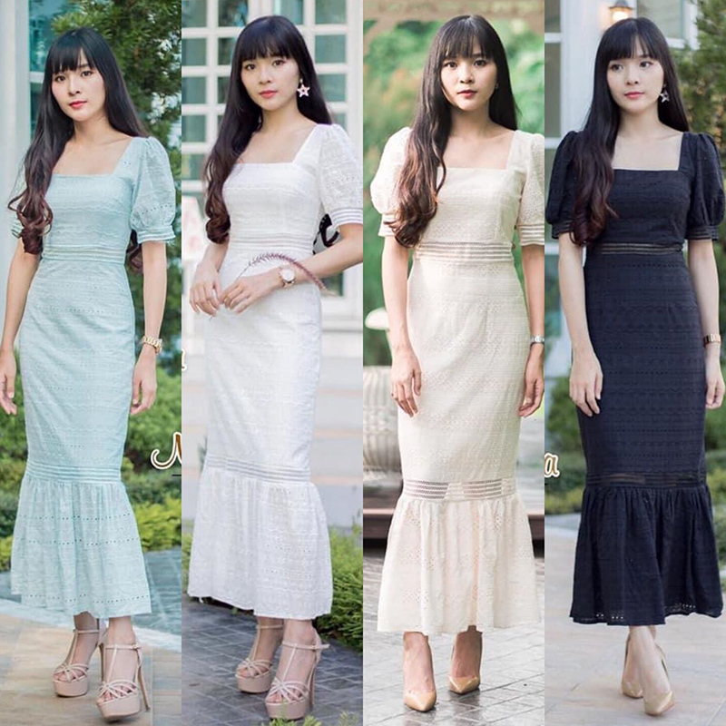 kudapy เดรสยาวสีสีเขียว/สีขาว/สีครีม/สีดำ สุดเจ้าหญิง ตั้งแต่เคยมีมา งานฉลุลูกไม้ลายสวย มากคะ ดีเทลลูกไม้ตัดต่อลายได้เป๊ะมาก