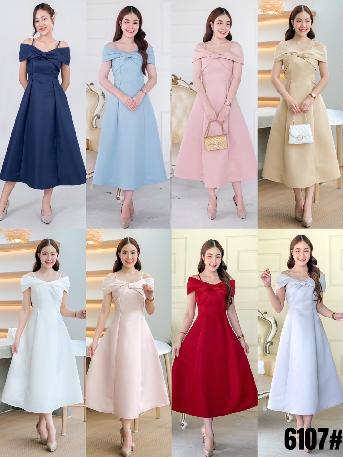 kudapy เดรสยาวสีขาว/สีชมพูพาสเทล เปิดบ่า อกโบว์ มีสายคาดบ่า คัตติ้งเริศแบบอลัง เข้ารูป เก็บทรง กระโปรงบาน