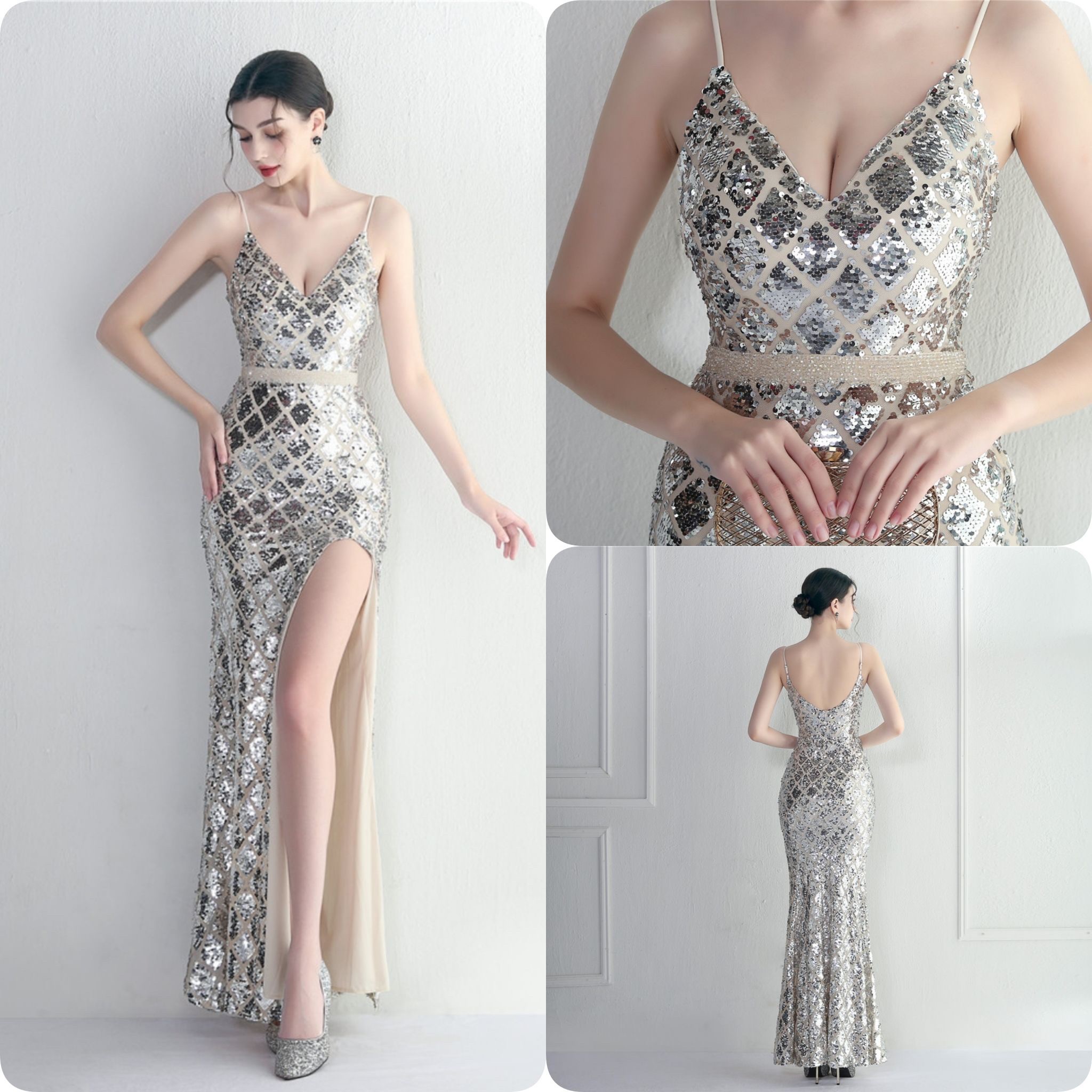 kudapy ชุดราตรีสายเดี่ยวปักเลื่อมเพชร สีทองโรสโกลด์,สีเขียวเข้ม,สีแดงเบอร์กันดี,สีทองแชมเปญ,สีขาวมุก,สีดำ,สีครีม,สีเงิน,สีม่วง