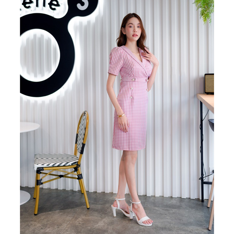 kudapy เดรสสั้นสีม่วง/สีกรม/สีชมพู คอปกสูทลายสก็อต