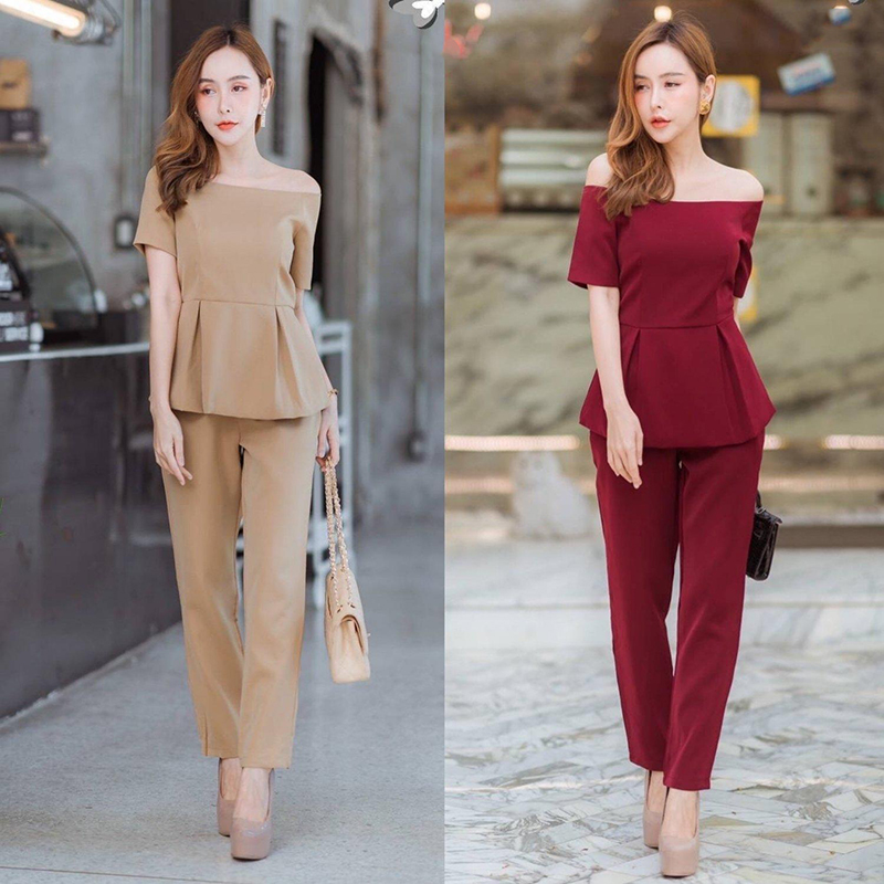 kudapy Set เสื้อปาดไหล่+กางเกงขายาวสีแดง สีน้ำตาล ปาดไหล่ชนช๊อป