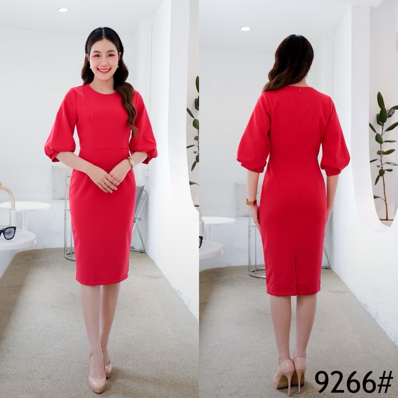 kudapy เดรสสั้นสีดำ/สีชมพู/สีครีมเบจ/สีแดง/สีน้ำเงิน/สีเขียว/สีครีมนู๊ด กระโปรงเก็บทรง แขนสามส่วนปลายพอง