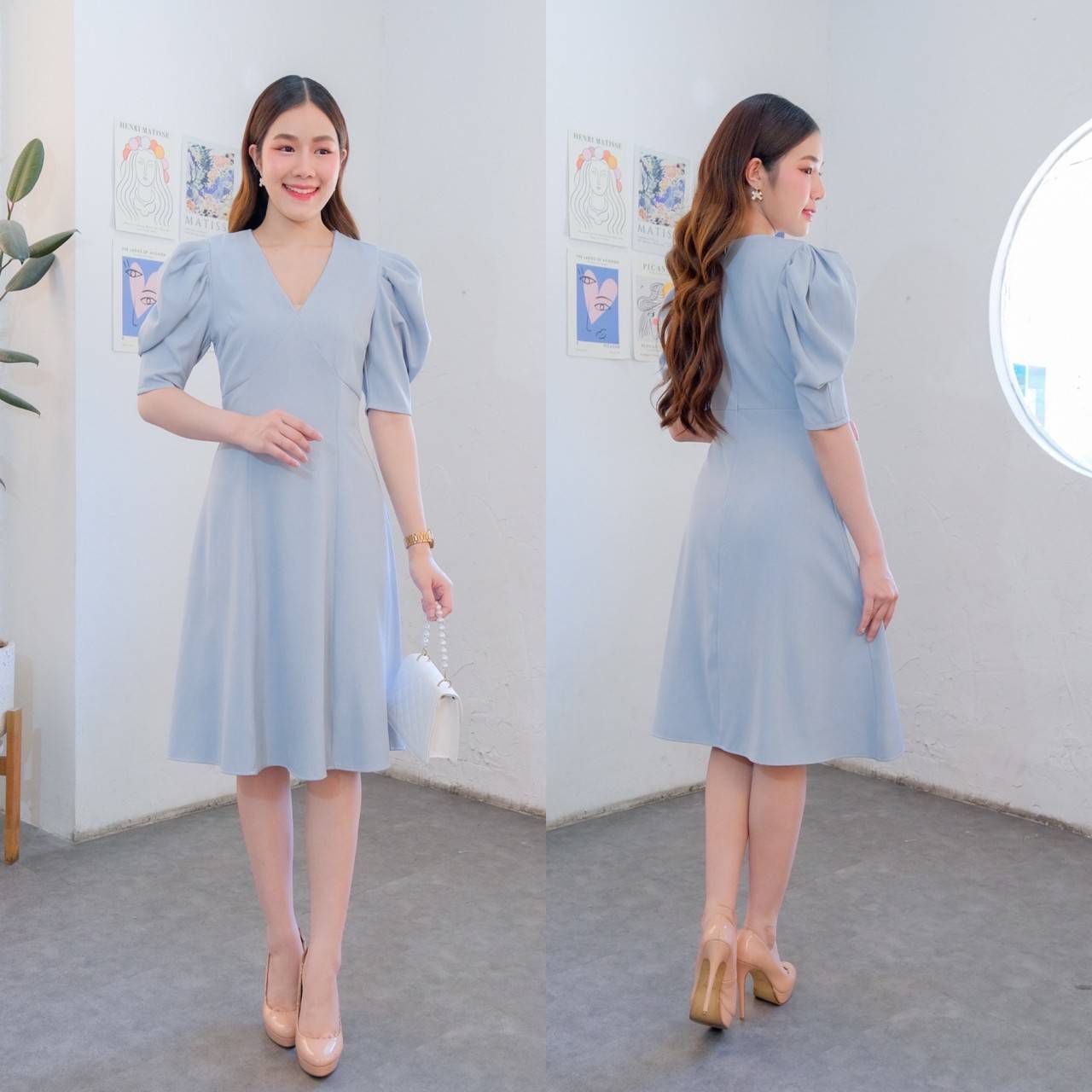 kudapy เดรสสั้นใส่ออกงานสีฟ้า,สีครีมเบจ,สีเขียวมิ้นท์,สีชมพูโอรส เดรสจีบแขนพอง พรางต้นแขนตีเกร็ดข้างเอวคอวีเอวสูง กระโปรงบานพริ้ว