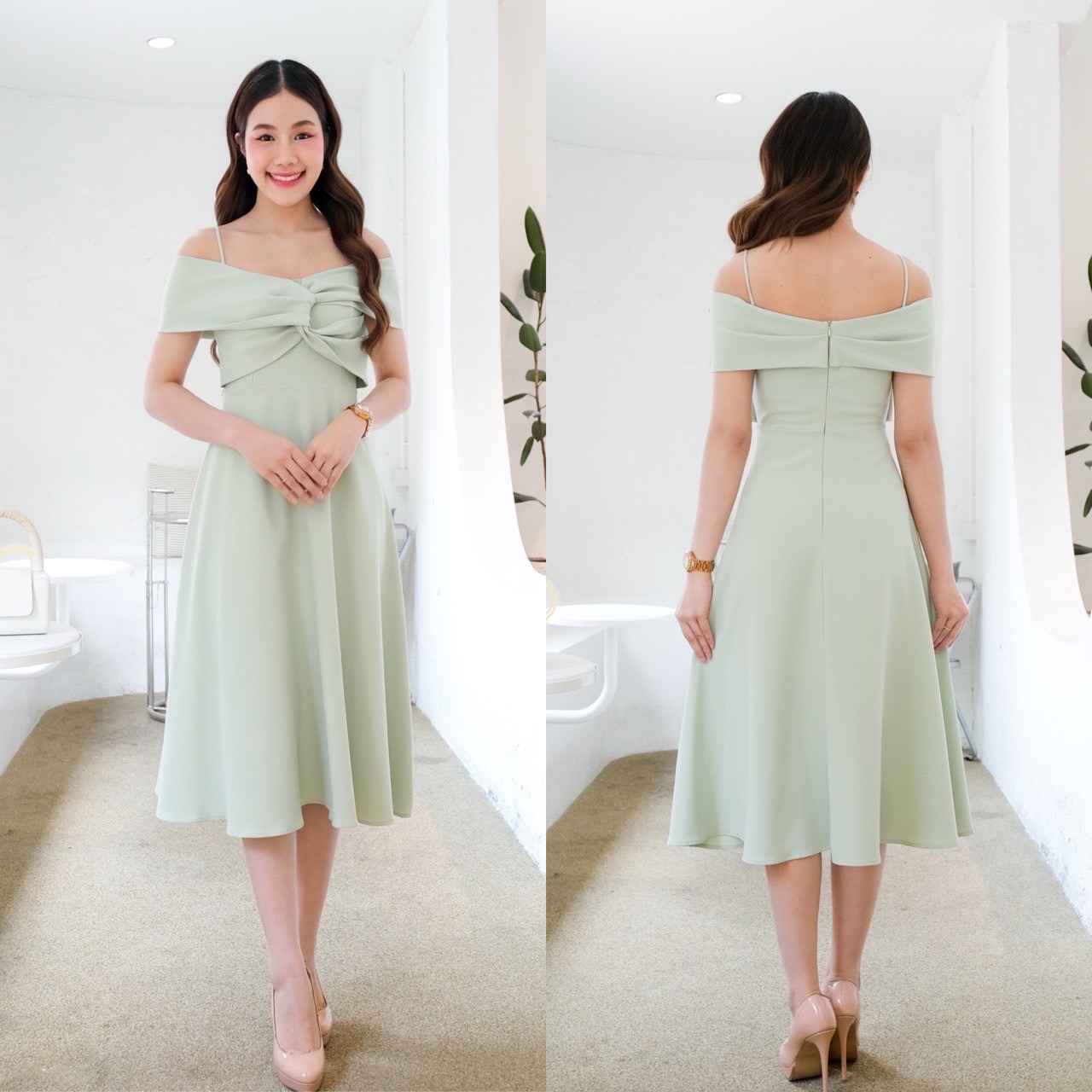 kudapy เดรสสั้นสีรีมนู๊ด/สีเขียวมิ้นท์/สีชมพู ผ้าเครปเกาหลี มิดี้เดรสเปิดบ่า ดีเทล อกปมไขว้พรางต้นแขนส่เปิดบ่า หรือใส่เป็นสายเดี่ยวก็น่ารัก
