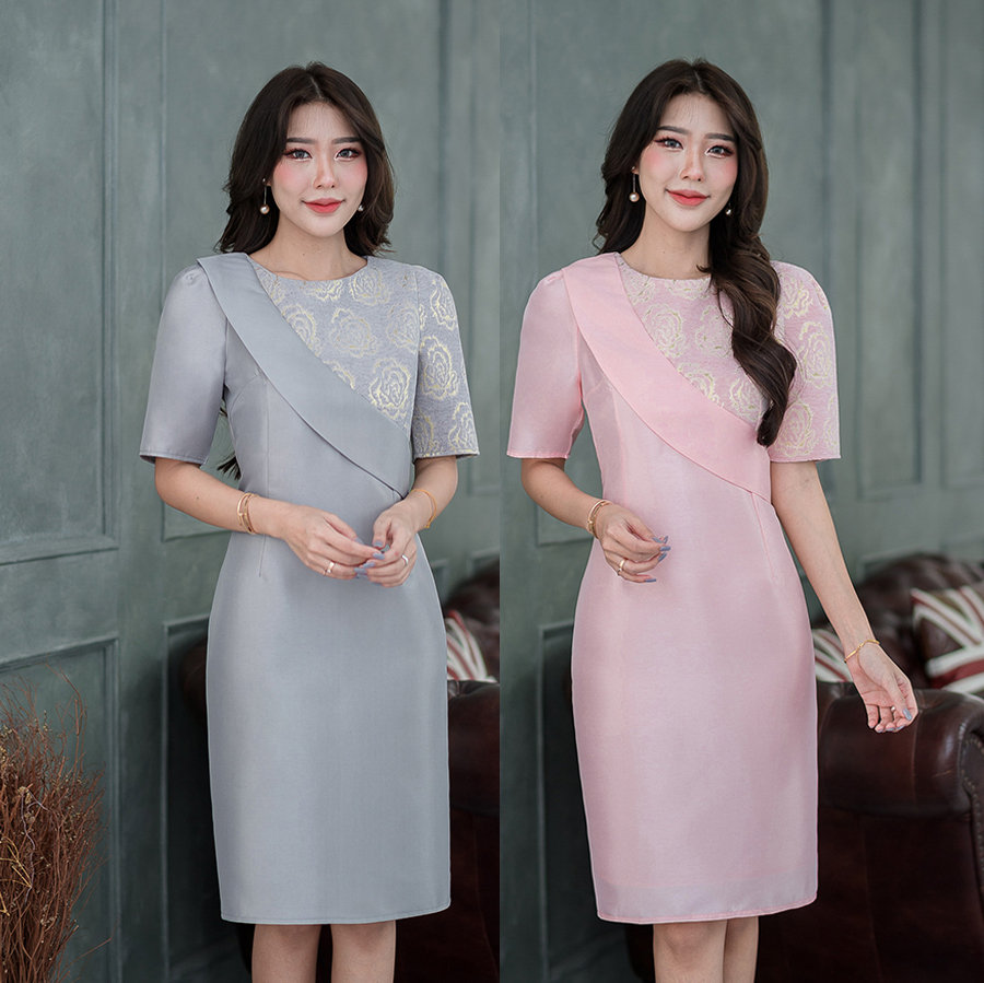 kudapy เดรสผ้าไหมญี่ปุ่นสีชมพูโอรส,สีเทา เดรสคอกลม แขนสั้น แต่งสายพาดบ่าแบบนางงาม ทรงตรง ตีเกร็ดหน้าหลังแขนสั้นทรงใส่ง่าย