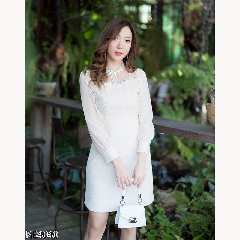 kudapy เดรสสั้นสีขาว/สีชมพู/สีครีม/สีดำ แขนยาวชีฟองอกระบายลูกไม้ ใส่สบายสวยดูดี