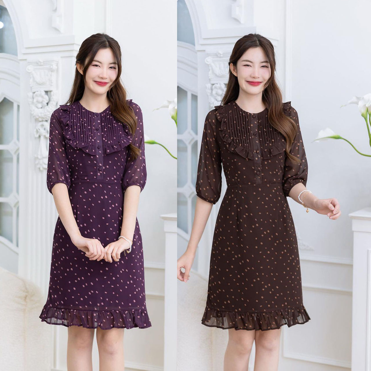 kudapy เดรสชีฟองลายจุดหิมะ โทนสีเข้ม มีดีเทลตีเกล็ดแต่งระบายช่วงอก ช่วงชายกระโปรงเป็นระบายเล็กๆ