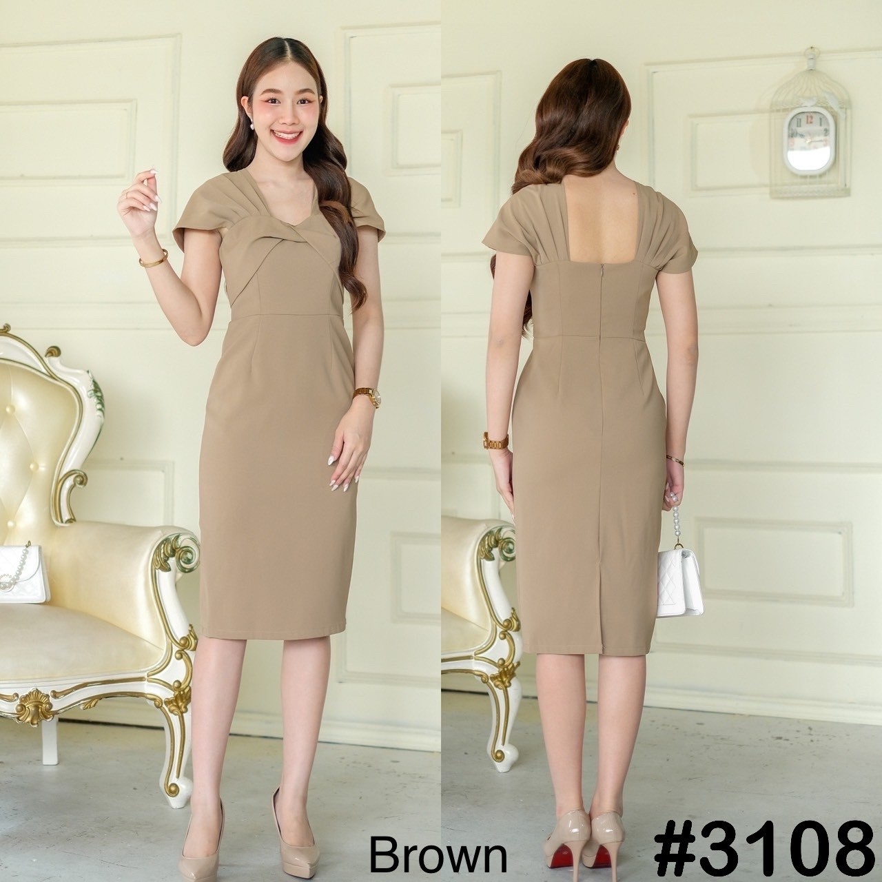 kudapy เดรสTwistอกจีบบ่าจะปิด/เปิดบ่า กระโปรงทรงสอบผ่าหลัง ซิบหลัง เนื้อผ้าเครปเกาหลีพรีเมี่ยม หนานุ่ม