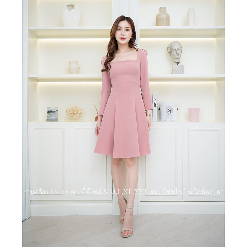 kudapy เดรสสั้นสีชมพู/สีขาว แขนยาวทรงกระโปรงบานน่ารักกก เรียบร้อยมินิมอล ใส่ทำงาน ใส่ออกงาน งานบุญ งานแต่ง งานเช้า