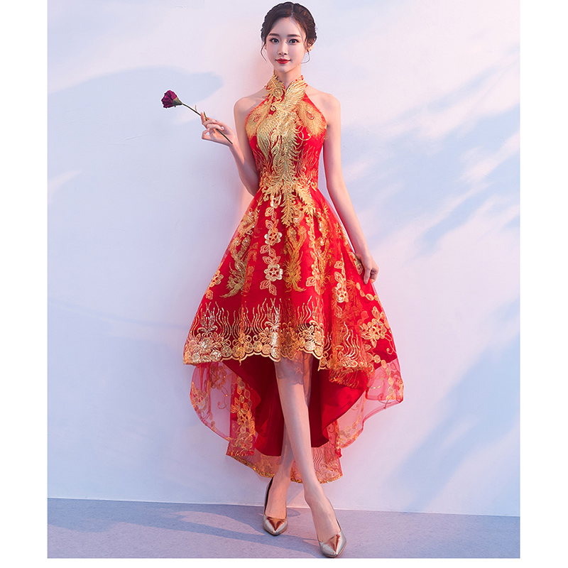 kudapy ชุดเจ้าสาวยกน้ำชาสีแดง คอเต่าแขนกุดหน้าสั้นหลังยาว