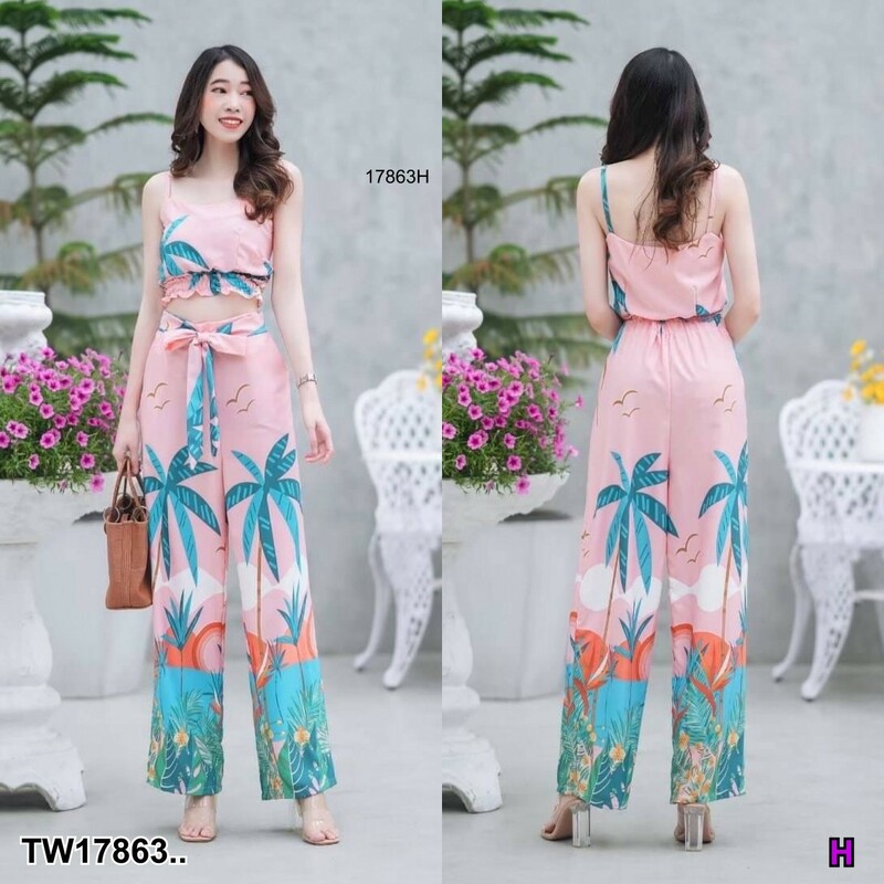 kudapy Set 2 ชิ้นเที่ยวทะเล เสื้อครอปสายเดี่ยวลายมะพร้าว + กางเกงลายมะพร้าว