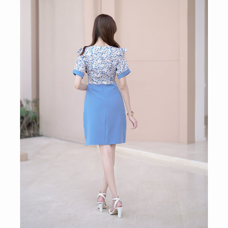 kudapy เดรสสั้นสีม่วง/สีชมพู/สีคราม แขนสั้นลายดอกมีกระดุม