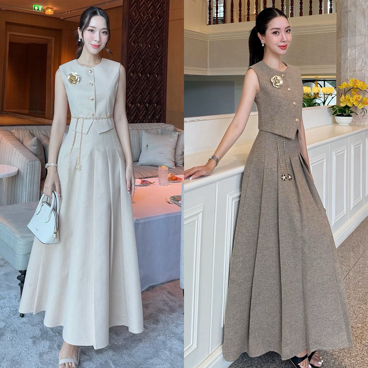 kudapy เซ็ท 4 ชิ้น เสื้อ Vest+กระโปรงยาว+เข็มขัดโซ่+เข็มกลัดดอกไม้ เสื้อกับกระโปรงเราใช้ผ้าเดียวกันทั้งชุด เนื้อผ้ามีน้ำหนัก ทิ้งตัวดี ย